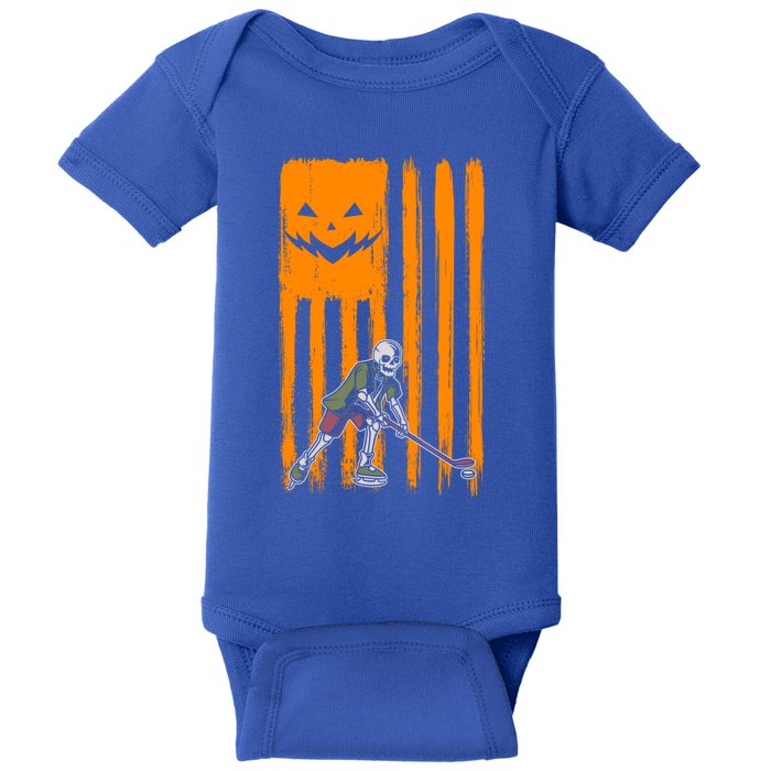 Ice Hockey Skeleton Halloween Boys American Pumpkin Flag Gift Baby Bodysuit