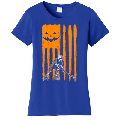 Ice Hockey Skeleton Halloween Boys American Pumpkin Flag Gift Women's T-Shirt