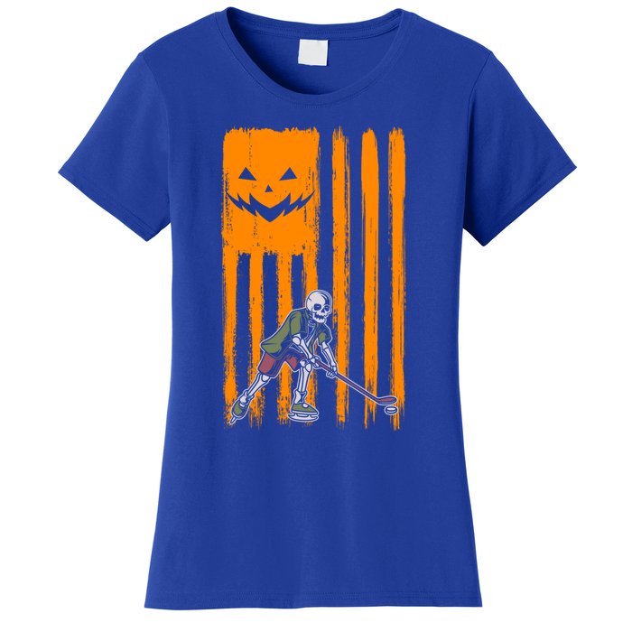 Ice Hockey Skeleton Halloween Boys American Pumpkin Flag Gift Women's T-Shirt