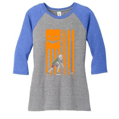 Ice Hockey Skeleton Halloween Boys American Pumpkin Flag Gift Women's Tri-Blend 3/4-Sleeve Raglan Shirt