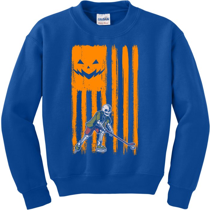 Ice Hockey Skeleton Halloween Boys American Pumpkin Flag Gift Kids Sweatshirt