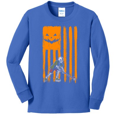 Ice Hockey Skeleton Halloween Boys American Pumpkin Flag Gift Kids Long Sleeve Shirt