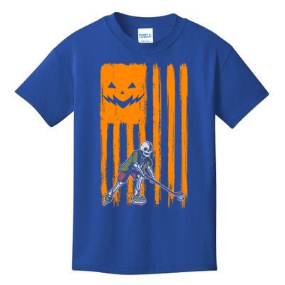 Ice Hockey Skeleton Halloween Boys American Pumpkin Flag Gift Kids T-Shirt