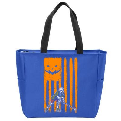 Ice Hockey Skeleton Halloween Boys American Pumpkin Flag Gift Zip Tote Bag