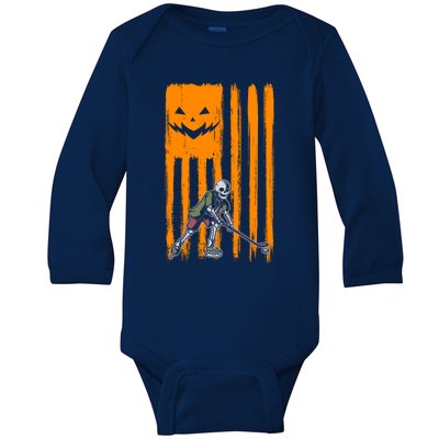 Ice Hockey Skeleton Halloween Boys American Pumpkin Flag Gift Baby Long Sleeve Bodysuit