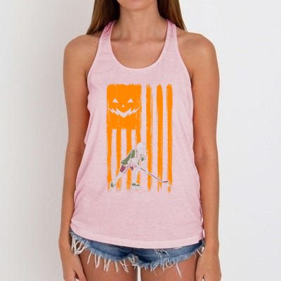 Ice Hockey Skeleton Halloween Boys American Pumpkin Flag Gift Women's Knotted Racerback Tank