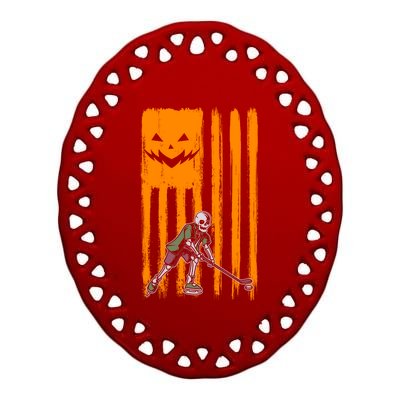 Ice Hockey Skeleton Halloween Boys American Pumpkin Flag Gift Ceramic Oval Ornament