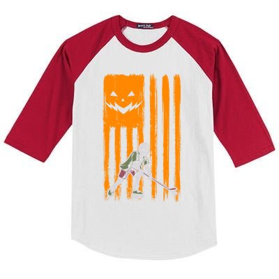 Ice Hockey Skeleton Halloween Boys American Pumpkin Flag Gift Kids Colorblock Raglan Jersey