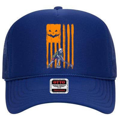 Ice Hockey Skeleton Halloween Boys American Pumpkin Flag Gift High Crown Mesh Back Trucker Hat