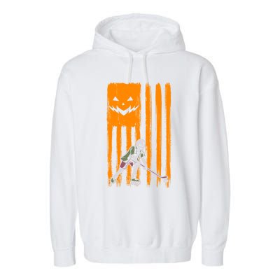 Ice Hockey Skeleton Halloween Boys American Pumpkin Flag Gift Garment-Dyed Fleece Hoodie