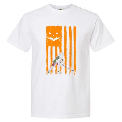 Ice Hockey Skeleton Halloween Boys American Pumpkin Flag Gift Garment-Dyed Heavyweight T-Shirt