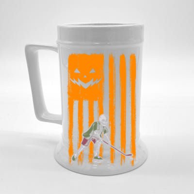 Ice Hockey Skeleton Halloween Boys American Pumpkin Flag Gift Beer Stein