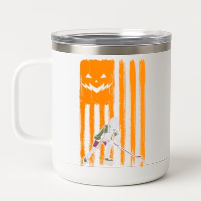 Ice Hockey Skeleton Halloween Boys American Pumpkin Flag Gift 12 oz Stainless Steel Tumbler Cup