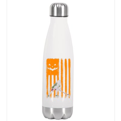 Ice Hockey Skeleton Halloween Boys American Pumpkin Flag Gift Stainless Steel Insulated Water Bottle