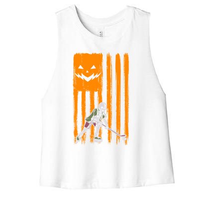 Ice Hockey Skeleton Halloween Boys American Pumpkin Flag Gift Women's Racerback Cropped Tank