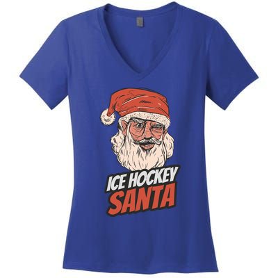 Ice Hockey Santa Claus Christmas Holiday Ice Hockey Player Gift Women's V-Neck T-Shirt