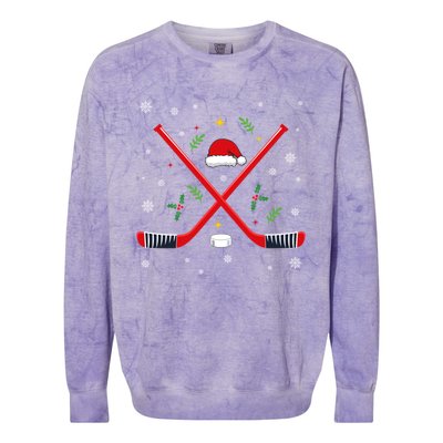 Ice Hockey Stick Christmas Santa Hat Snowflakes Xmas Holiday Gift Colorblast Crewneck Sweatshirt