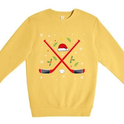 Ice Hockey Stick Christmas Santa Hat Snowflakes Xmas Holiday Gift Premium Crewneck Sweatshirt