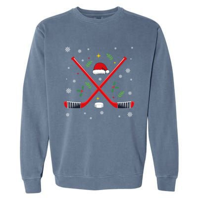 Ice Hockey Stick Christmas Santa Hat Snowflakes Xmas Holiday Gift Garment-Dyed Sweatshirt