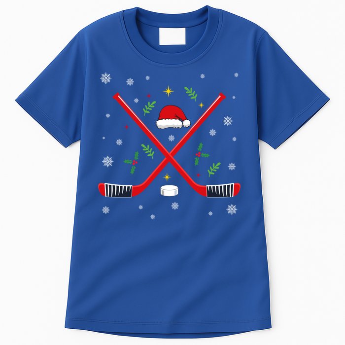 Ice Hockey Stick Christmas Santa Hat Snowflakes Xmas Holiday Gift Tall T-Shirt