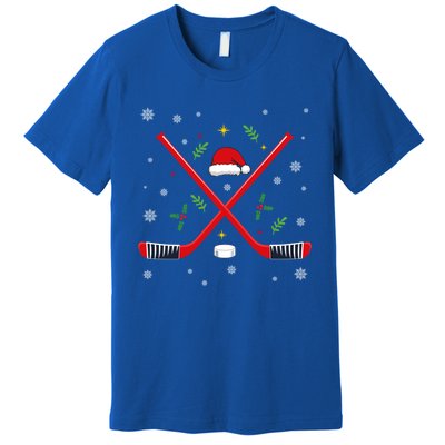 Ice Hockey Stick Christmas Santa Hat Snowflakes Xmas Holiday Gift Premium T-Shirt