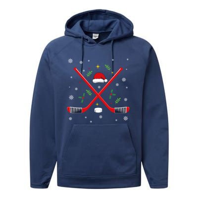 Ice Hockey Stick Christmas Santa Hat Snowflakes Xmas Holiday Gift Performance Fleece Hoodie