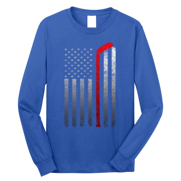 Ice Hockey Stick American Flag Vintage Red Stripe Hockey Gift Long Sleeve Shirt