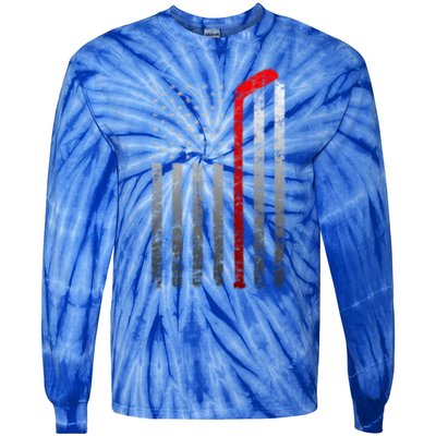 Ice Hockey Stick American Flag Vintage Red Stripe Hockey Gift Tie-Dye Long Sleeve Shirt