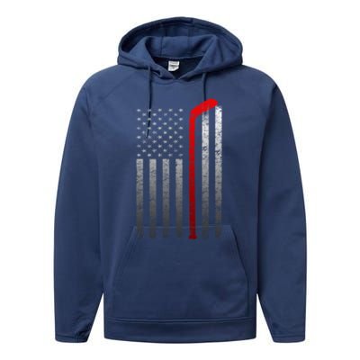 Ice Hockey Stick American Flag Vintage Red Stripe Hockey Gift Performance Fleece Hoodie