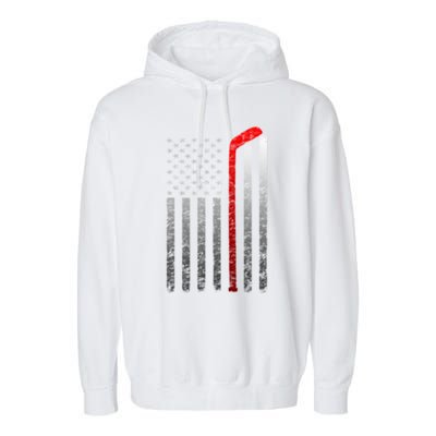 Ice Hockey Stick American Flag Vintage Red Stripe Hockey Gift Garment-Dyed Fleece Hoodie