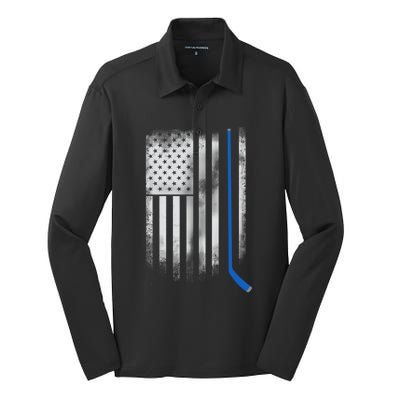 Ice Hockey Stick Blue American Flag Usa Patriot Cool Gift Silk Touch Performance Long Sleeve Polo