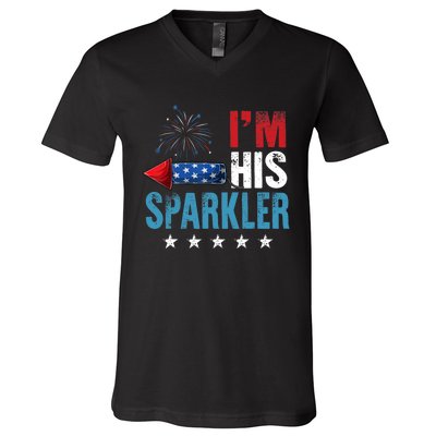 I'm His Sparkler His And Her 4th Of July Matching Couples V-Neck T-Shirt