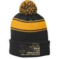 I Have Two Titles Dad And Bonus Dad Military Camo Flag Stripe Pom Pom Beanie