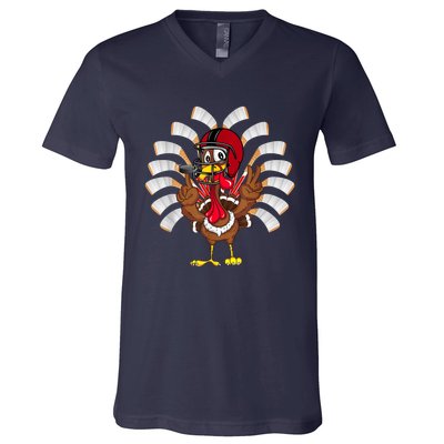 Ice Hockey Thanksgiving Turkey Playing Hockey V-Neck T-Shirt