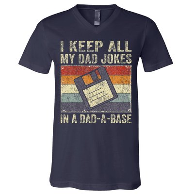 I Keep All My Dad Jokes In A Dad-A-Base Vintage Father Dad V-Neck T-Shirt