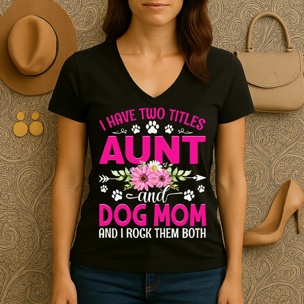 I Have Two Titles Aunt And Dog Mom Flower Mothers Day Women's V-Neck T-Shirt