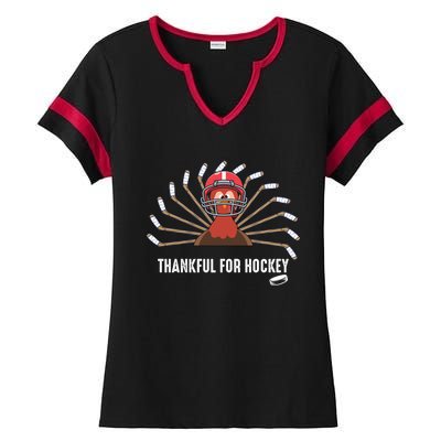 Ice Hockey Thanksgiving Turkey Playing Hockey Gift Ladies Halftime Notch Neck Tee