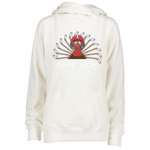 Ice Hockey Thanksgiving Turkey Playing Hockey Gift Womens Funnel Neck Pullover Hood