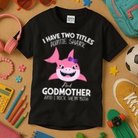 I Have Two Title Auntie Shark And Godmother I Rock Them Both Kids T-Shirt