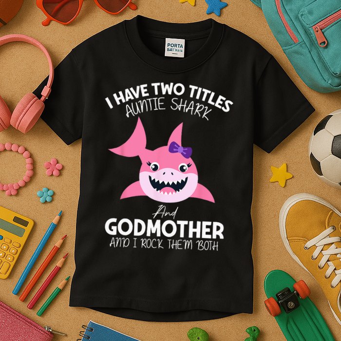 I Have Two Title Auntie Shark And Godmother I Rock Them Both Kids T-Shirt