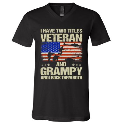 I Have Two Titles Veteran And Grampy Retro Father's Day V-Neck T-Shirt