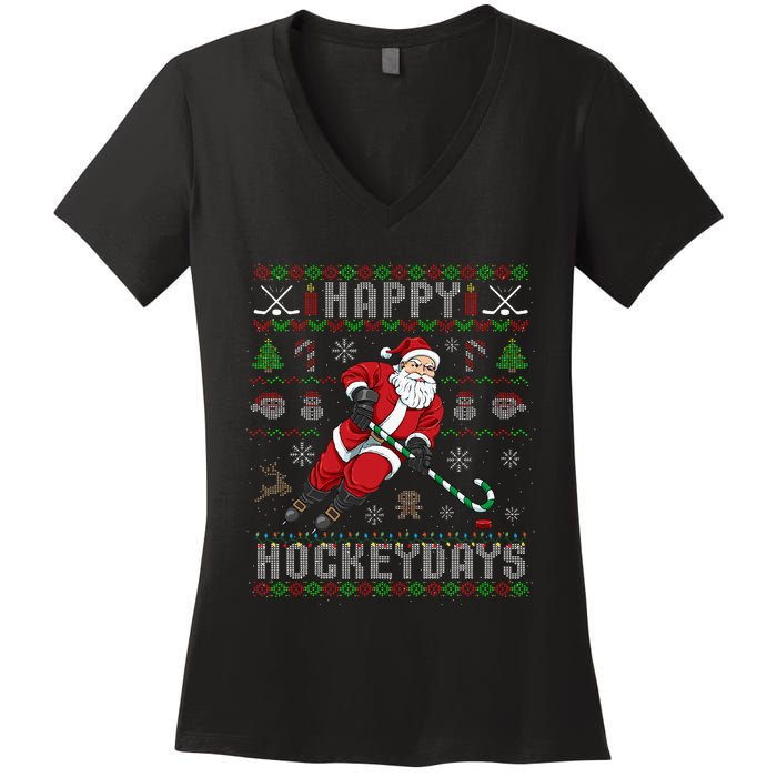 Ice Hockey Ugly Christmas Santa Claus Women's V-Neck T-Shirt