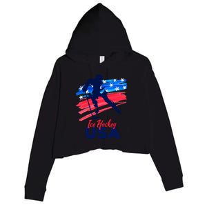 Ice Hockey Usa Support The Team Gift Usa Flag Hockey Lover Funny Gift Crop Fleece Hoodie