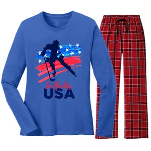 Ice Hockey Usa Support The Team Gift Usa Flag Hockey Lover Funny Gift Women's Long Sleeve Flannel Pajama Set 