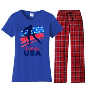 Ice Hockey Usa Support The Team Gift Usa Flag Hockey Lover Funny Gift Women's Flannel Pajama Set