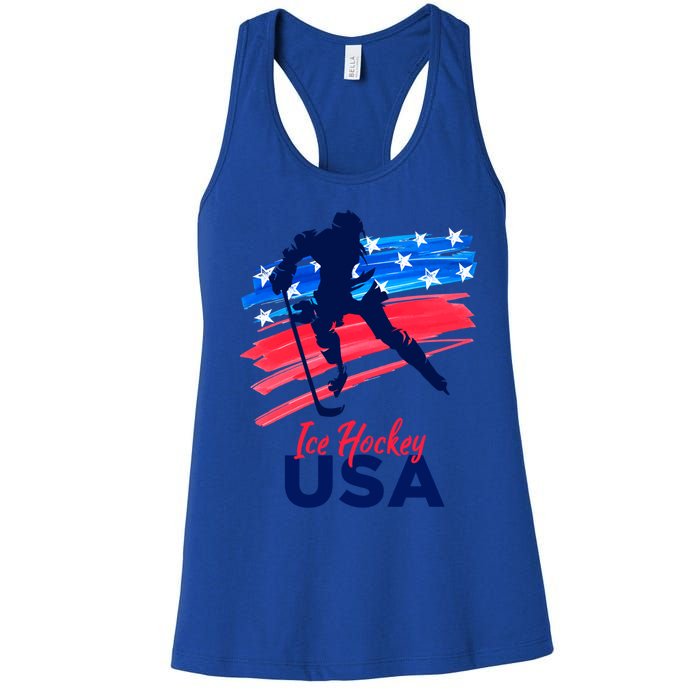 Ice Hockey Usa Support The Team Gift Usa Flag Hockey Lover Funny Gift Women's Racerback Tank