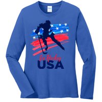 Ice Hockey Usa Support The Team Gift Usa Flag Hockey Lover Funny Gift Ladies Long Sleeve Shirt