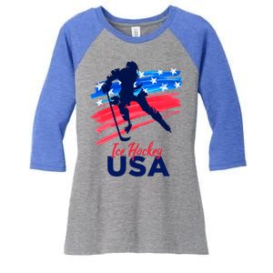 Ice Hockey Usa Support The Team Gift Usa Flag Hockey Lover Funny Gift Women's Tri-Blend 3/4-Sleeve Raglan Shirt