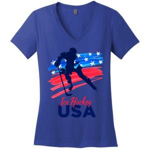 Ice Hockey Usa Support The Team Gift Usa Flag Hockey Lover Funny Gift Women's V-Neck T-Shirt