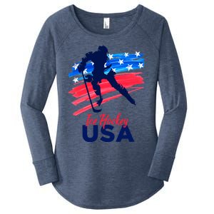 Ice Hockey Usa Support The Team Gift Usa Flag Hockey Lover Funny Gift Women's Perfect Tri Tunic Long Sleeve Shirt